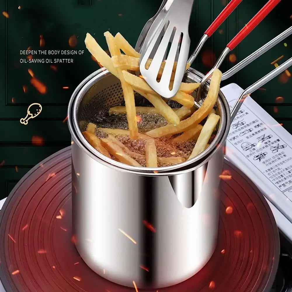 Stainless Steel Deep Fryer with Filter Cooking Pot Fried Chicken Frying Pan Cooking Tools Oil Filter Container 2 in 1-oil ki bachat