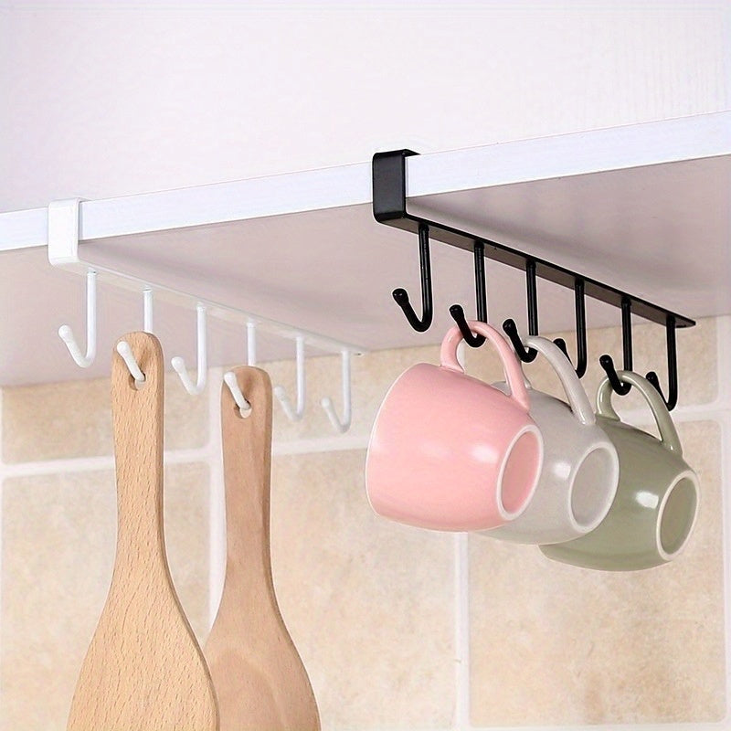 6 Metal Hook Under Cabinet Mug Holder 6-Hook - Iron Wall-Mounted Traceless Hook System - No Drill Adhesive/Screw Installation, Multi-Row Space-Saving Hanger, Wardrobe, Pantry - Holds Pots, Pans, Utensils, Spoons