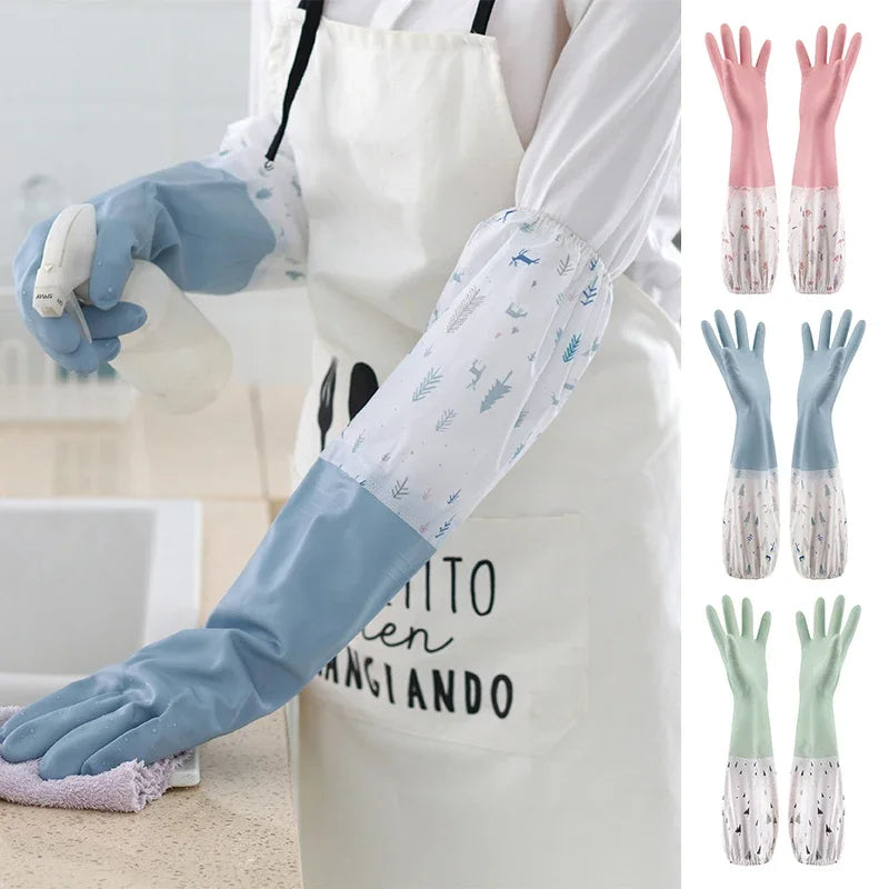 Long Latex Gloves Dishwashing Cleaning velvet Gloves Kitchen Waterproof Durable Rubber Clean Tool Interior Plush Silicone Glove