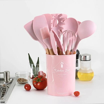 Silicone Kitchen Utensils Set Cooking Utensils Non-stick Cookware Spatula Shovel Egg Beaters Wooden Handle Kitchen Cooking Tool Sets