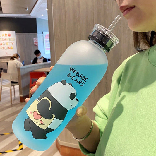 Cute Panda Bear Cup 1000ml Water Bottles With Straw Transparent Cartoon Water Bottle