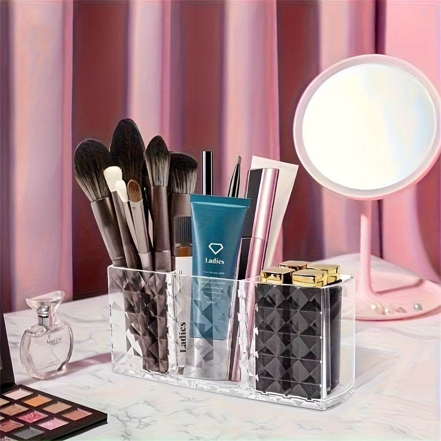 Chic Diamond Pattern Acrylic Makeup Brush Holder - 3-Compartment Transparent Organizer for Pens, Eyebrow Pencils & Lipstick, Open Storage Bins for Home Organization