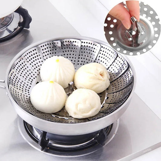 Stainless Steel Multi functional Steamer Plate Silver Retractable Folding Steaming Food Steamer Vegetable Fruit Basket
