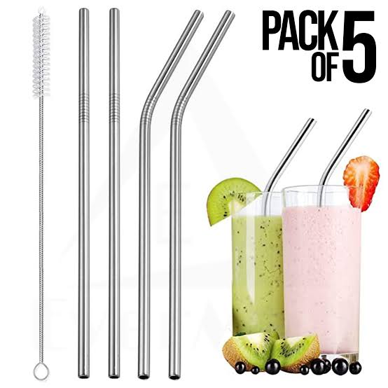 Pack of 5 Stainless Steel Metal Straws with Cleaning Brush, Reusable, Food-Grade, Polished Finish, Perfect for Eid, Parties , Picnic , Thanksgiving, Mother'S Day