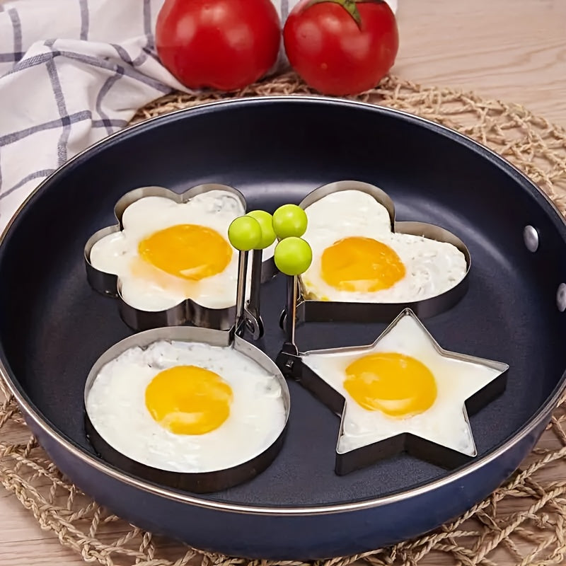 4pcs Heavy-Duty Stainless Steel Egg Molds Set with Heart, Star, Flower & Round Shapes - Non-Stick Baking Molds for Induction-Safe Omelets, Frittatas, Cakes, Pastries - Easy-Clean Egg Shapes for