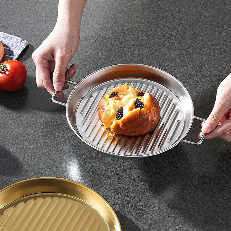 Golden pizza pan premium Quality - Pizza Pan Double Handle High Temperature Resistant Stackable Stainless Steel Mirror Polished Dinner Plate Kitchen Accessoriess Korea Creative Style