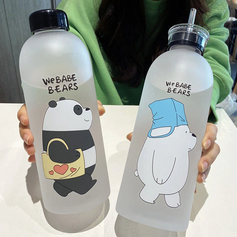 Cute Panda Bear Cup 1000ml Water Bottles With Straw Transparent Cartoon Water Bottle