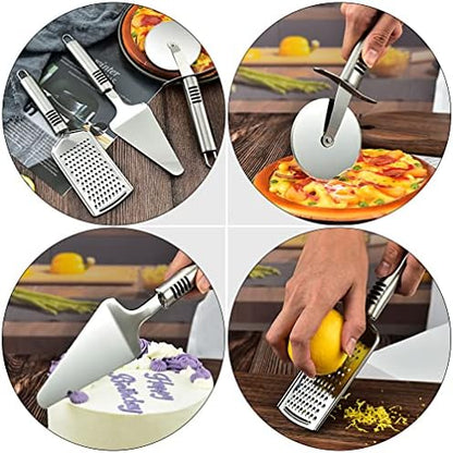 3 in 1 - Pizza cutter - cake server - Cheese grater . Pizza cutter set, pizza spatula, pizza cutter wheel, cheese planer, 3 pcs multi-functional combination set, which can be used for cutting and distributing various pizza cakes, grinding cheese, etc.