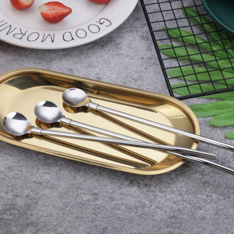 Stainless steel spoon with straw 4 pcs set reusable Long Straight Elbow Tube Straw Spoon Stainless Steel Silver Portable Coffee Teaspoon Kitchen Bar Drinking Accessories Dinnerware