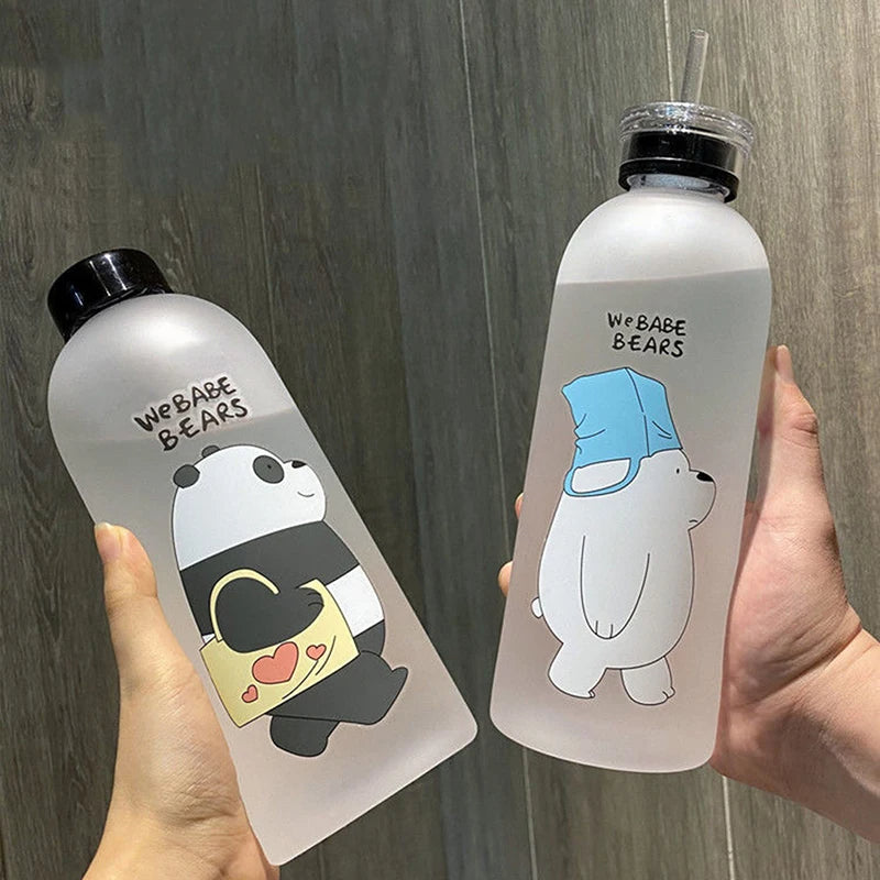 Cute Panda Bear Cup 1000ml Water Bottles With Straw Transparent Cartoon Water Bottle