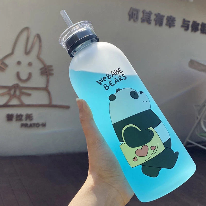 Cute Panda Bear Cup 1000ml Water Bottles With Straw Transparent Cartoon Water Bottle