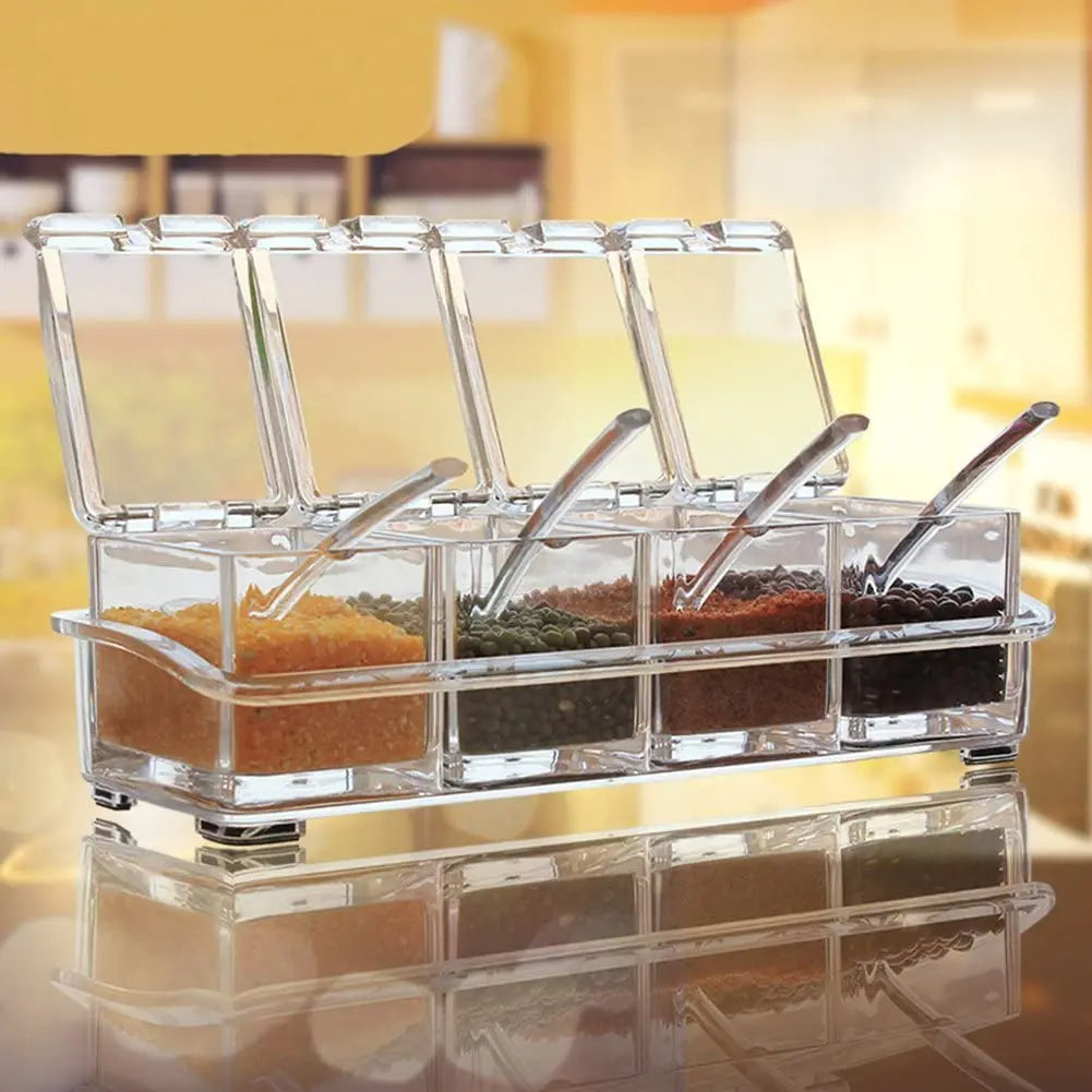 4 Piece Acrylic Seasoning Box - Storage Container Condiment Jars -Kitchen Tools Bar Accessories