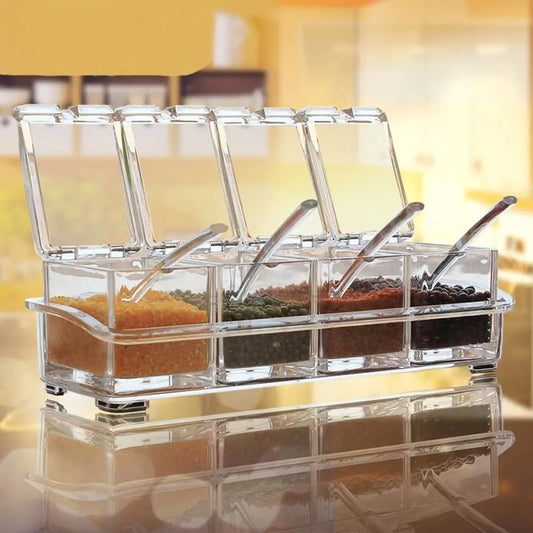 4 Piece Acrylic Seasoning Box - Storage Container Condiment Jars -Kitchen Tools Bar Accessories