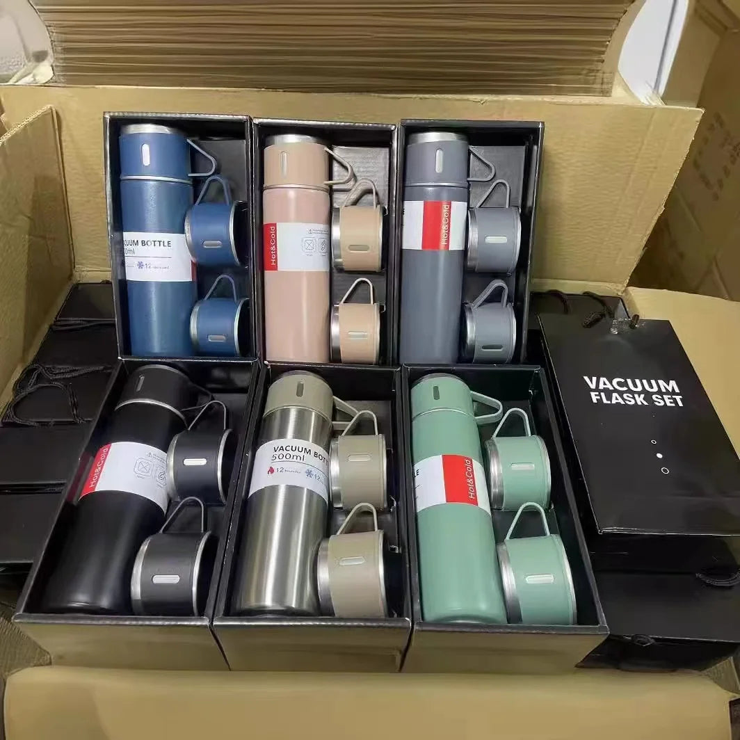 3 Cup Double-Layer Stainless Steel Vacuum Flask Set
