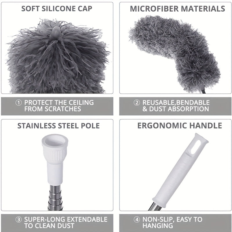 Flexible Grey Mop with Long Rod for Cleaning Hard-to-Reach Areas - Adjustable And Flexible Microfiber Duster - Washable, Reusable Cleaning Tool for High Ceilings, Furniture, And Cars. A Duster for Cleaning., Dusting Furniture, Household Dusting, Lightweig