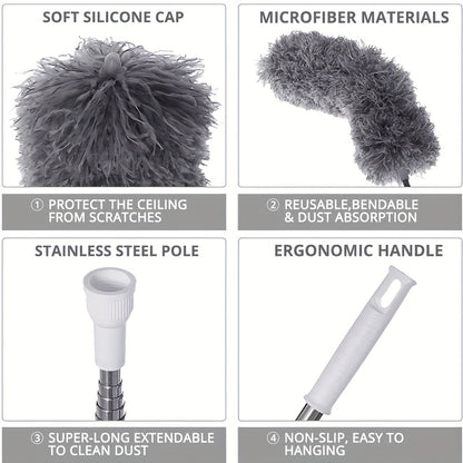 Flexible Grey Mop with Long Rod for Cleaning Hard-to-Reach Areas - Adjustable And Flexible Microfiber Duster - Washable, Reusable Cleaning Tool for High Ceilings, Furniture, And Cars. A Duster for Cleaning., Dusting Furniture, Household Dusting, Lightweig