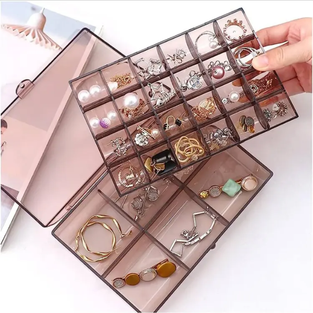Earring Organizer Acrylic Jewelry Box Clear Tackle Box Organizer Plastic Ring Storage Organizer Tray with 30 different Compartment 2 Layer Travel Case Gift for Women