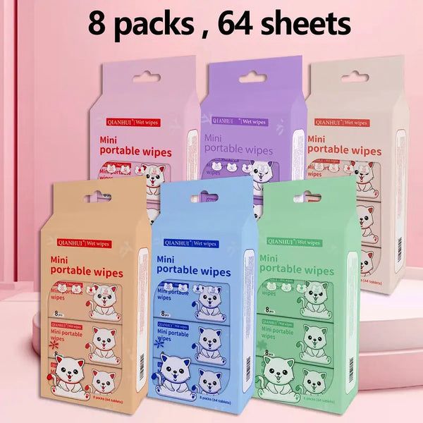Mini 8PCS Pack Eco Wet Wipes Biodegradable Plant Fiber for Face Hands & Surface Cleaning Travel & Household Use