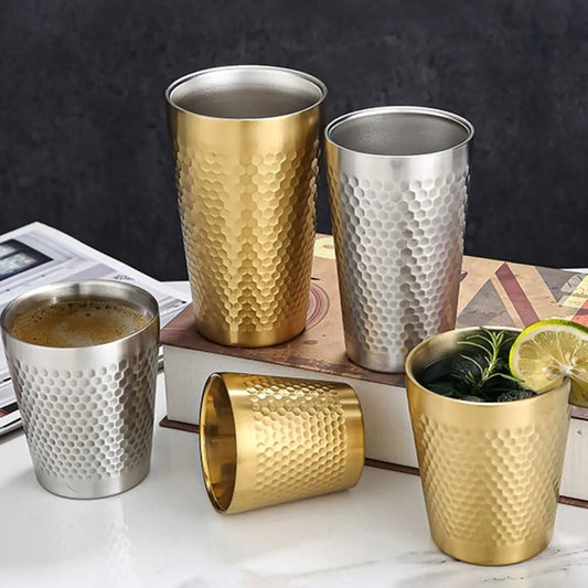 Stainless Steel Cold Water Drinks Cup Hammered Texture Double-Wall  Anti-fall Cups Milk Mugs For Kitchen Drinkware