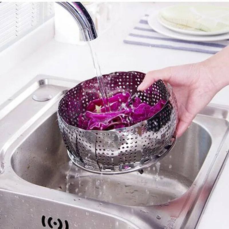 Stainless Steel Multi functional Steamer Plate Silver Retractable Folding Steaming Food Steamer Vegetable Fruit Basket