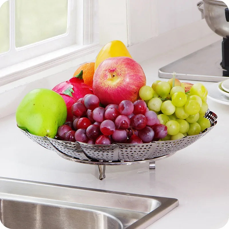 Stainless Steel Multi functional Steamer Plate Silver Retractable Folding Steaming Food Steamer Vegetable Fruit Basket