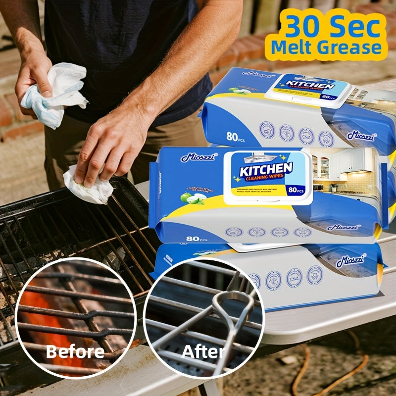 Pack of 80 Multi-Surface Kitchen Cleaning Wipes For Party Preparation, Barbecue, Outdoor RV, Degreasing, Heavy Duty Oil Removal, Granite, Wood, Floor Refrigerator, Grills, Stoves, Knives, Tongs Safe, Paper Towel