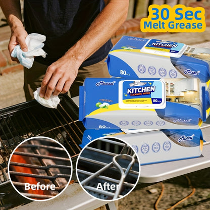 Pack of 80 Multi-Surface Kitchen Cleaning Wipes For Party Preparation, Barbecue, Outdoor RV, Degreasing, Heavy Duty Oil Removal, Granite, Wood, Floor Refrigerator, Grills, Stoves, Knives, Tongs Safe, Paper Towel