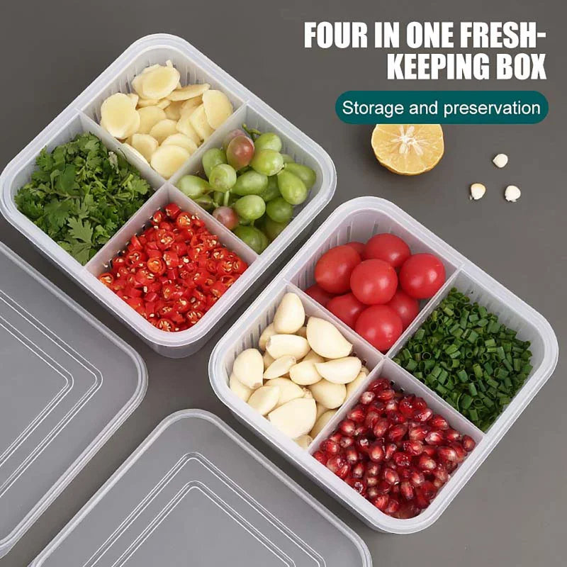 Double Layer Refrigerator Storage Box, Double Layer, Vegetable, Fruit, Fresh, Drain Basket, Refrigerator, Food Containers, Drain, Crisper, 4 Grids