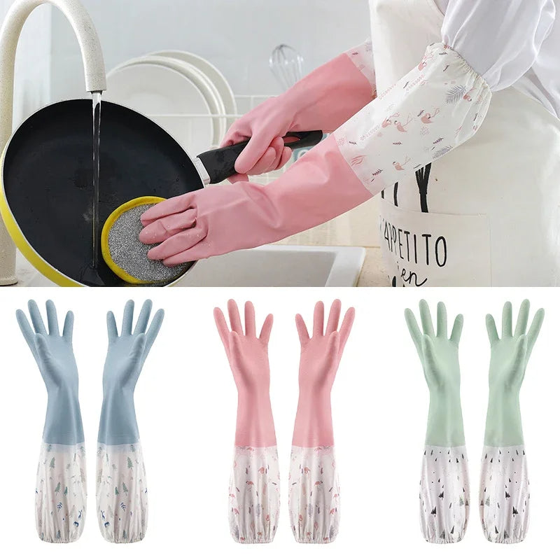 Long Latex Gloves Dishwashing Cleaning velvet Gloves Kitchen Waterproof Durable Rubber Clean Tool Interior Plush Silicone Glove