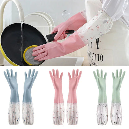 Long Latex Gloves Dishwashing Cleaning velvet Gloves Kitchen Waterproof Durable Rubber Clean Tool Interior Plush Silicone Glove
