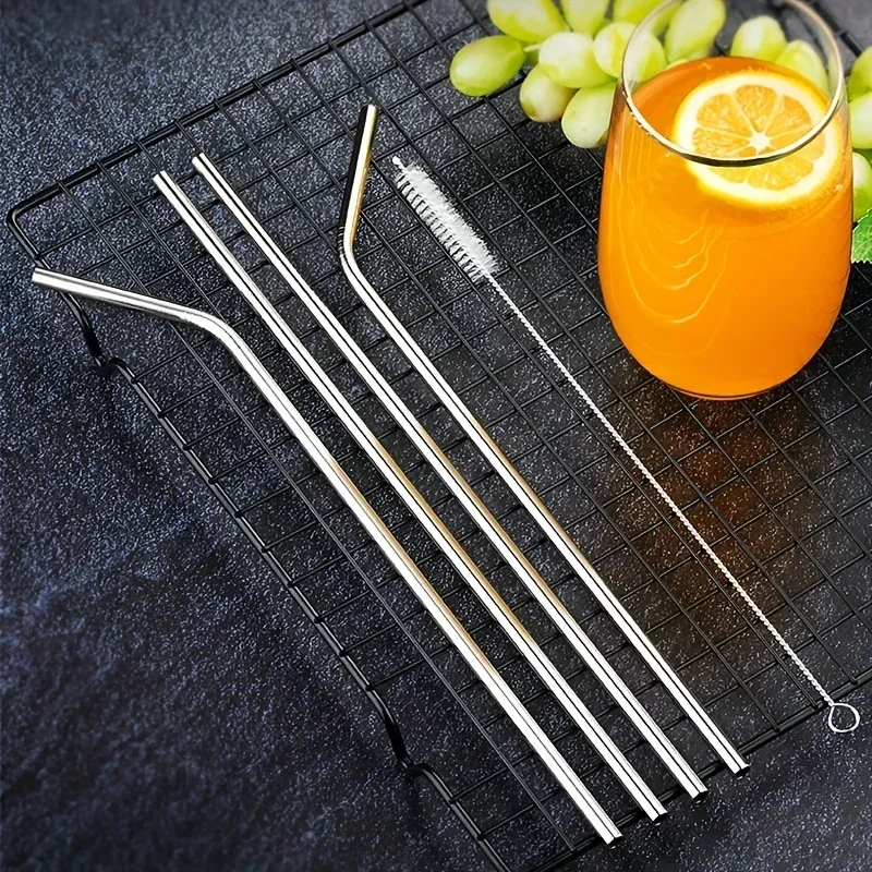 Pack of 5 Stainless Steel Metal Straws with Cleaning Brush, Reusable, Food-Grade, Polished Finish, Perfect for Eid, Parties , Picnic , Thanksgiving, Mother'S Day