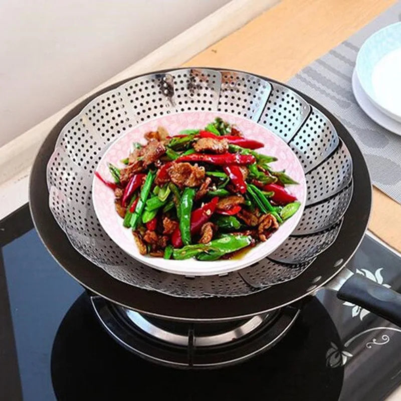 Stainless Steel Multi functional Steamer Plate Silver Retractable Folding Steaming Food Steamer Vegetable Fruit Basket