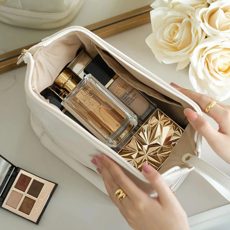 Toiletry Cosmetic Bag Soft Creamy Texture Travel Double Layer Large Capacity Makeup Bags For Women Toiletries Organizer Hangbag