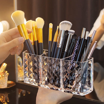 Chic Diamond Pattern Acrylic Makeup Brush Holder - 3-Compartment Transparent Organizer for Pens, Eyebrow Pencils & Lipstick, Open Storage Bins for Home Organization
