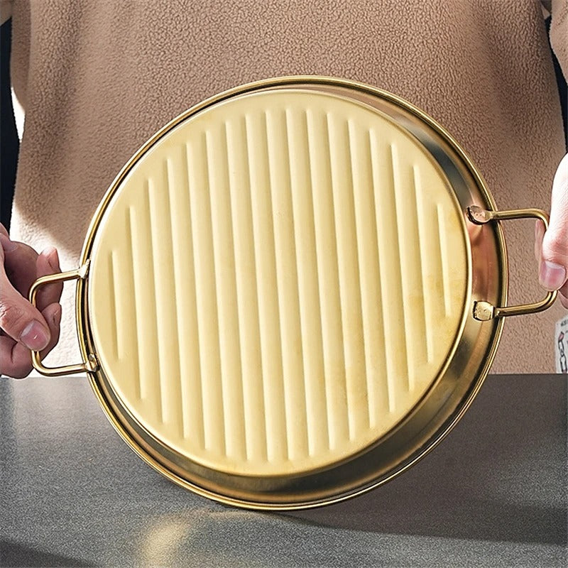 Golden pizza pan premium Quality - Pizza Pan Double Handle High Temperature Resistant Stackable Stainless Steel Mirror Polished Dinner Plate Kitchen Accessoriess Korea Creative Style
