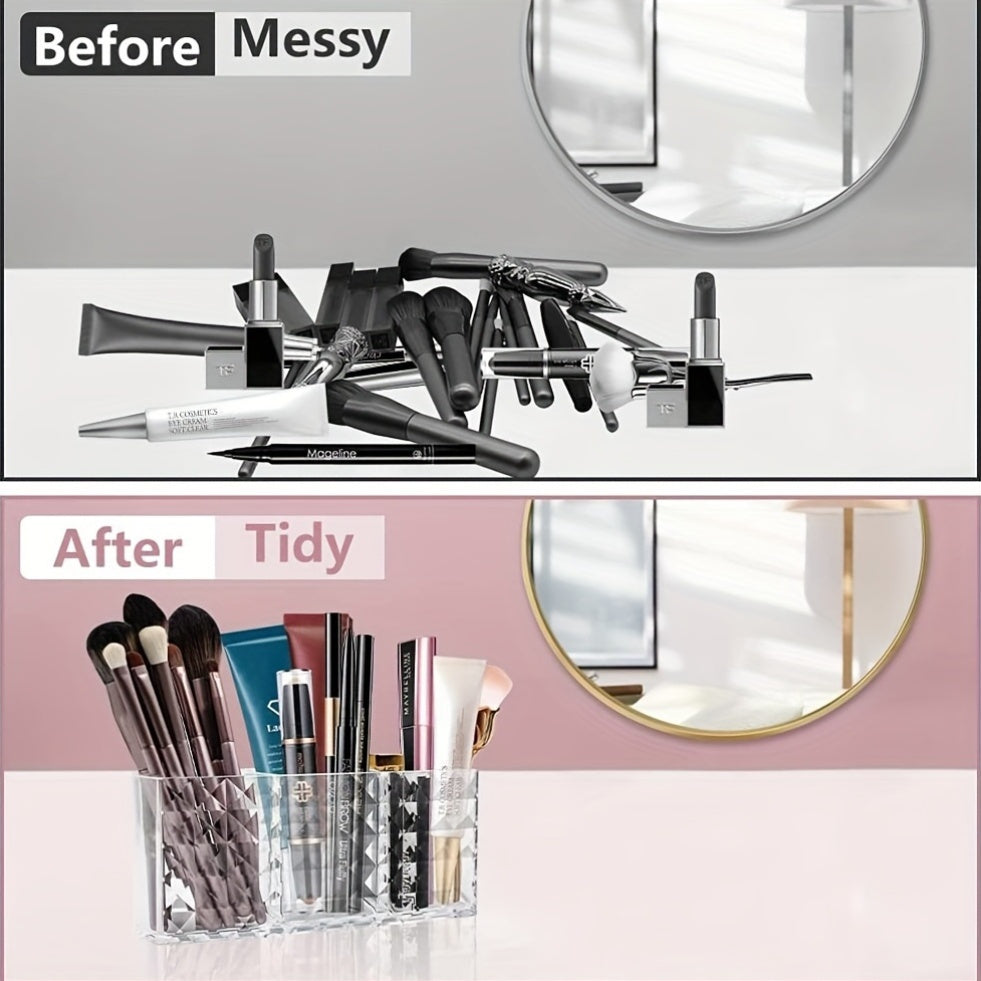 Chic Diamond Pattern Acrylic Makeup Brush Holder - 3-Compartment Transparent Organizer for Pens, Eyebrow Pencils & Lipstick, Open Storage Bins for Home Organization
