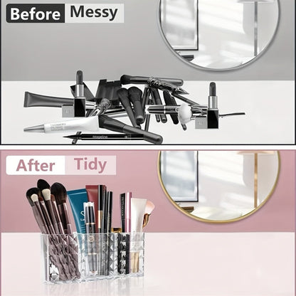 Chic Diamond Pattern Acrylic Makeup Brush Holder - 3-Compartment Transparent Organizer for Pens, Eyebrow Pencils & Lipstick, Open Storage Bins for Home Organization
