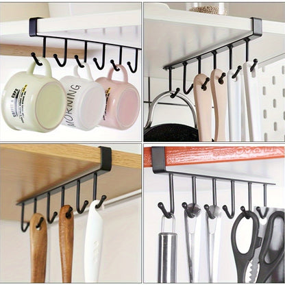 6 Metal Hook Under Cabinet Mug Holder 6-Hook - Iron Wall-Mounted Traceless Hook System - No Drill Adhesive/Screw Installation, Multi-Row Space-Saving Hanger, Wardrobe, Pantry - Holds Pots, Pans, Utensils, Spoons