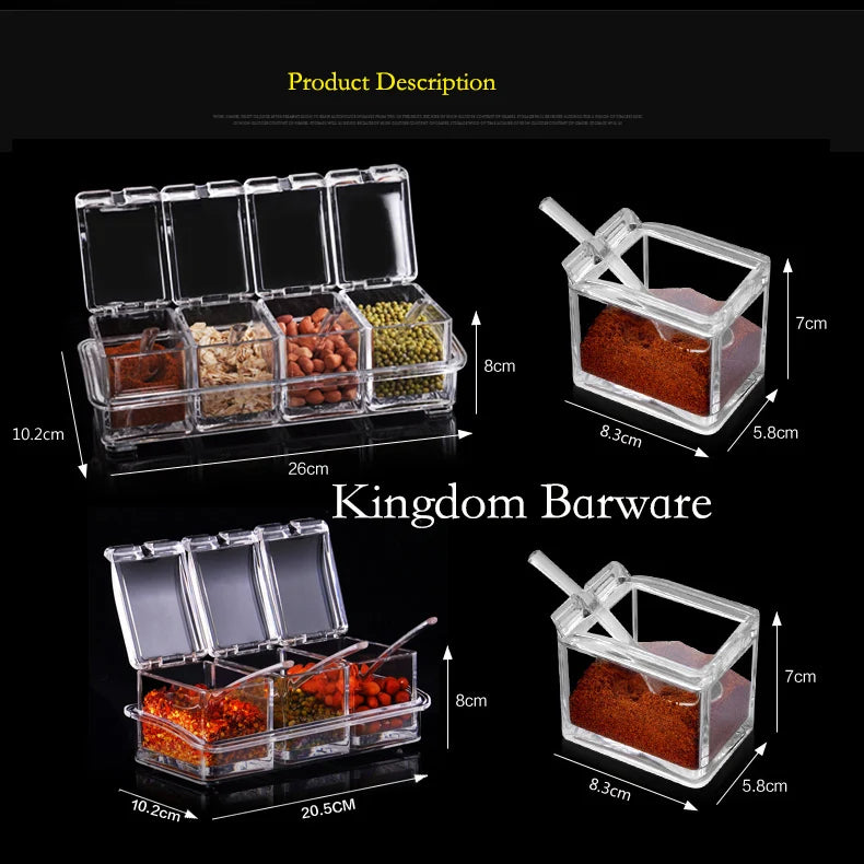 4 Piece Acrylic Seasoning Box - Storage Container Condiment Jars -Kitchen Tools Bar Accessories