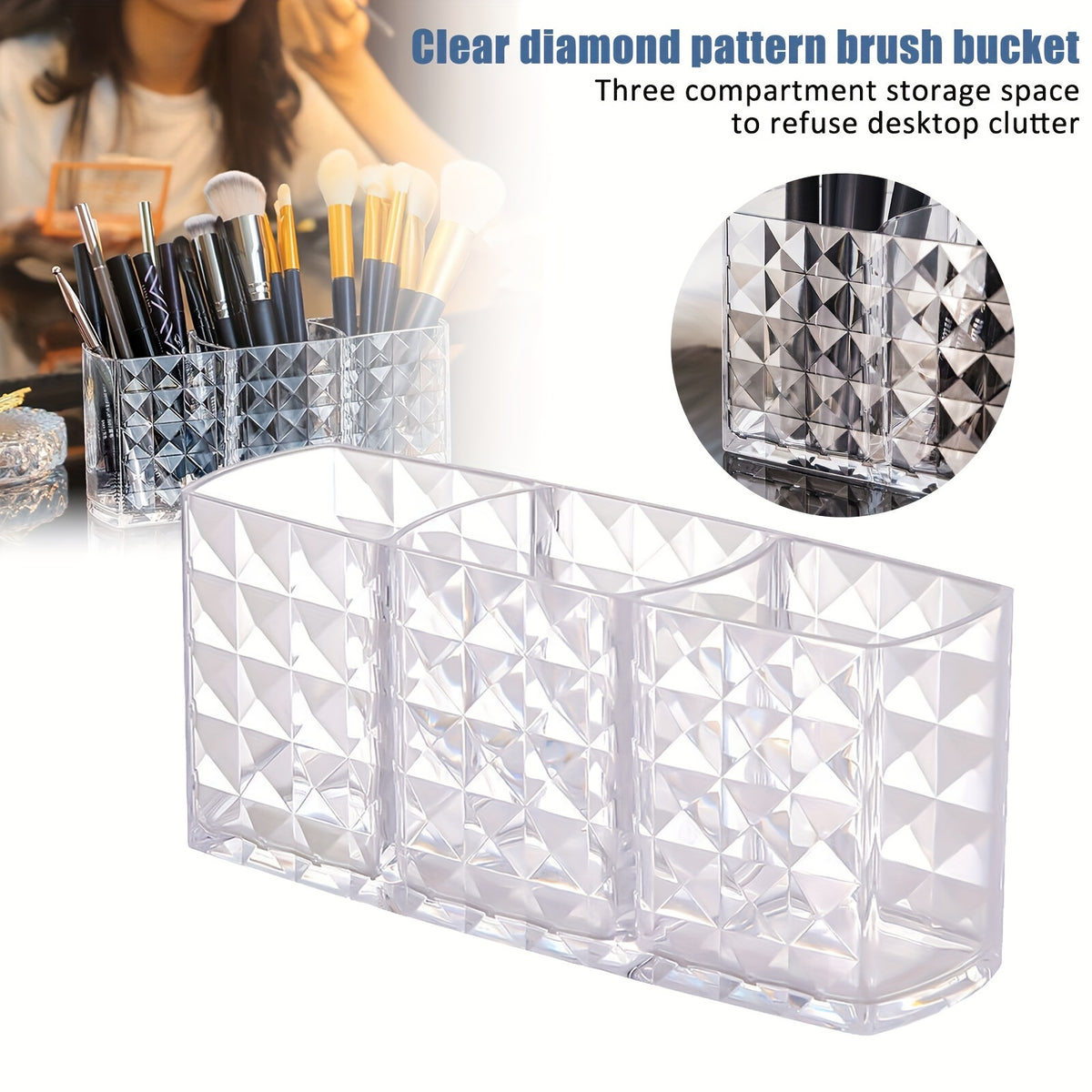 Chic Diamond Pattern Acrylic Makeup Brush Holder - 3-Compartment Transparent Organizer for Pens, Eyebrow Pencils & Lipstick, Open Storage Bins for Home Organization