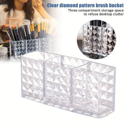Chic Diamond Pattern Acrylic Makeup Brush Holder - 3-Compartment Transparent Organizer for Pens, Eyebrow Pencils & Lipstick, Open Storage Bins for Home Organization