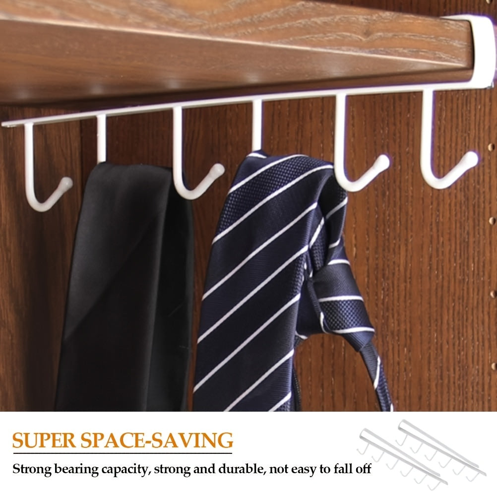 6 Metal Hook Under Cabinet Mug Holder 6-Hook - Iron Wall-Mounted Traceless Hook System - No Drill Adhesive/Screw Installation, Multi-Row Space-Saving Hanger, Wardrobe, Pantry - Holds Pots, Pans, Utensils, Spoons