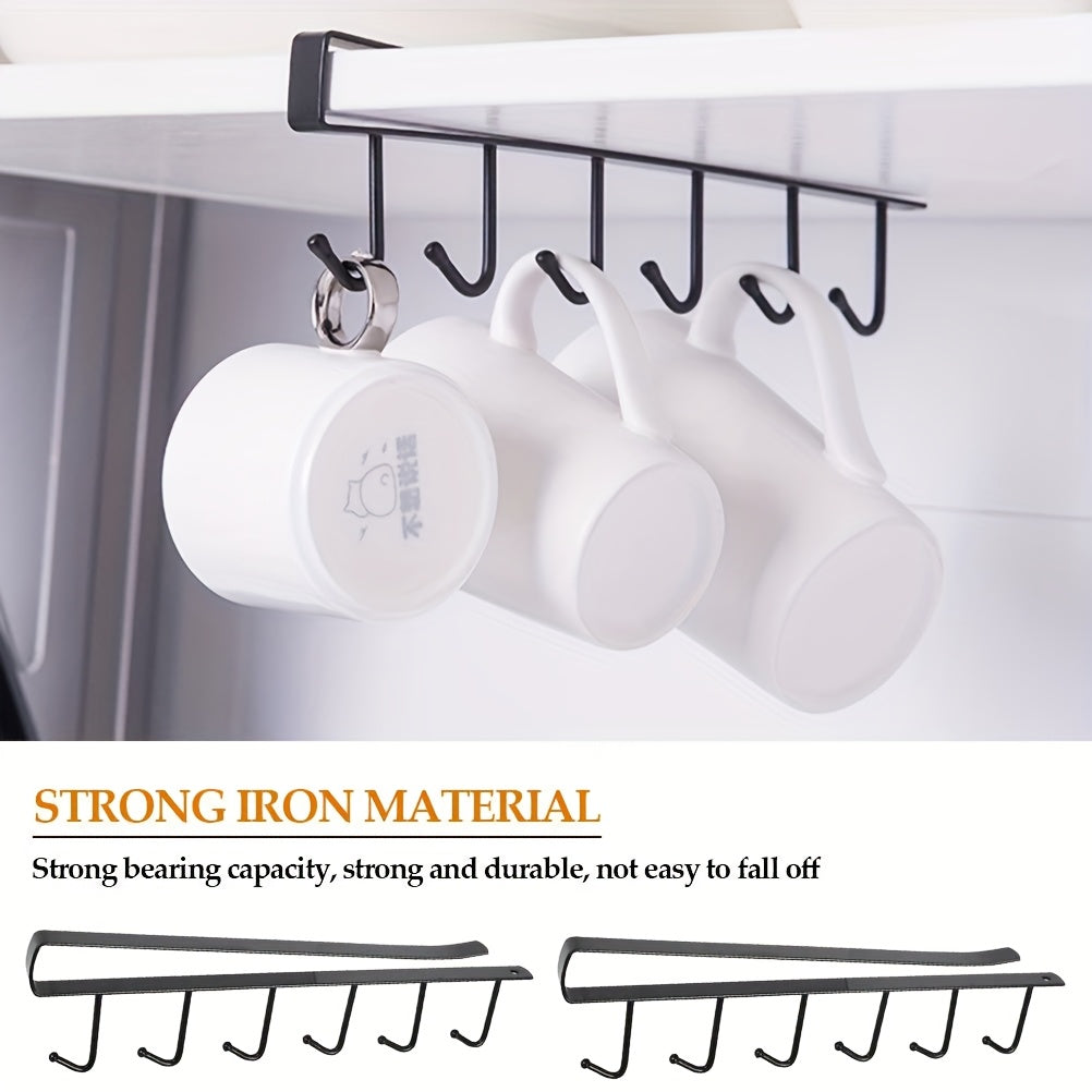 6 Metal Hook Under Cabinet Mug Holder 6-Hook - Iron Wall-Mounted Traceless Hook System - No Drill Adhesive/Screw Installation, Multi-Row Space-Saving Hanger, Wardrobe, Pantry - Holds Pots, Pans, Utensils, Spoons