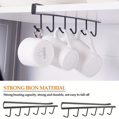 6 Metal Hook Under Cabinet Mug Holder 6-Hook - Iron Wall-Mounted Traceless Hook System - No Drill Adhesive/Screw Installation, Multi-Row Space-Saving Hanger, Wardrobe, Pantry - Holds Pots, Pans, Utensils, Spoons