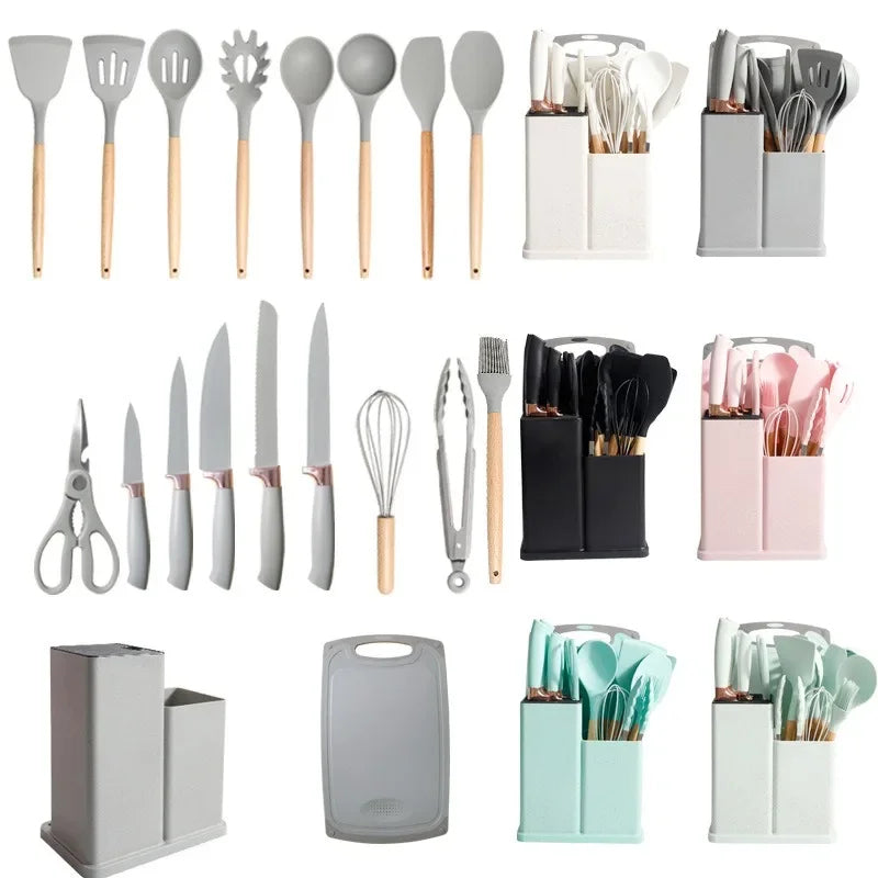 Silicone kitchen utensils set 19-pcs spoons-knifes-chopping board Silicone kitchenware set,19-piece cooking wooden handle scoop,non-stick pan multi-functional integrated knife storage bucket