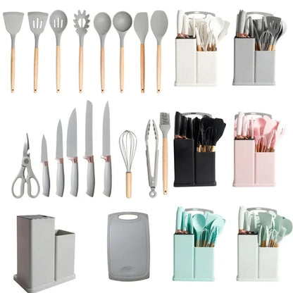 Silicone kitchen utensils set 19-pcs spoons-knifes-chopping board Silicone kitchenware set,19-piece cooking wooden handle scoop,non-stick pan multi-functional integrated knife storage bucket