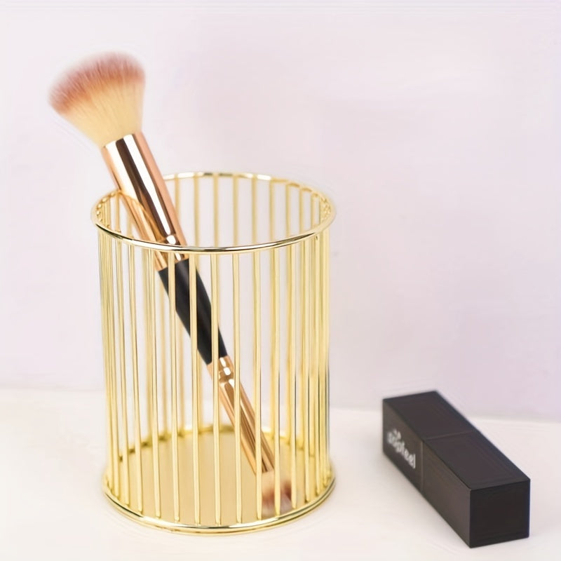 Elegant Golden Round Pen Holder - Multi-Functional Desk Organizer for Office, School Supplies & Accessories
