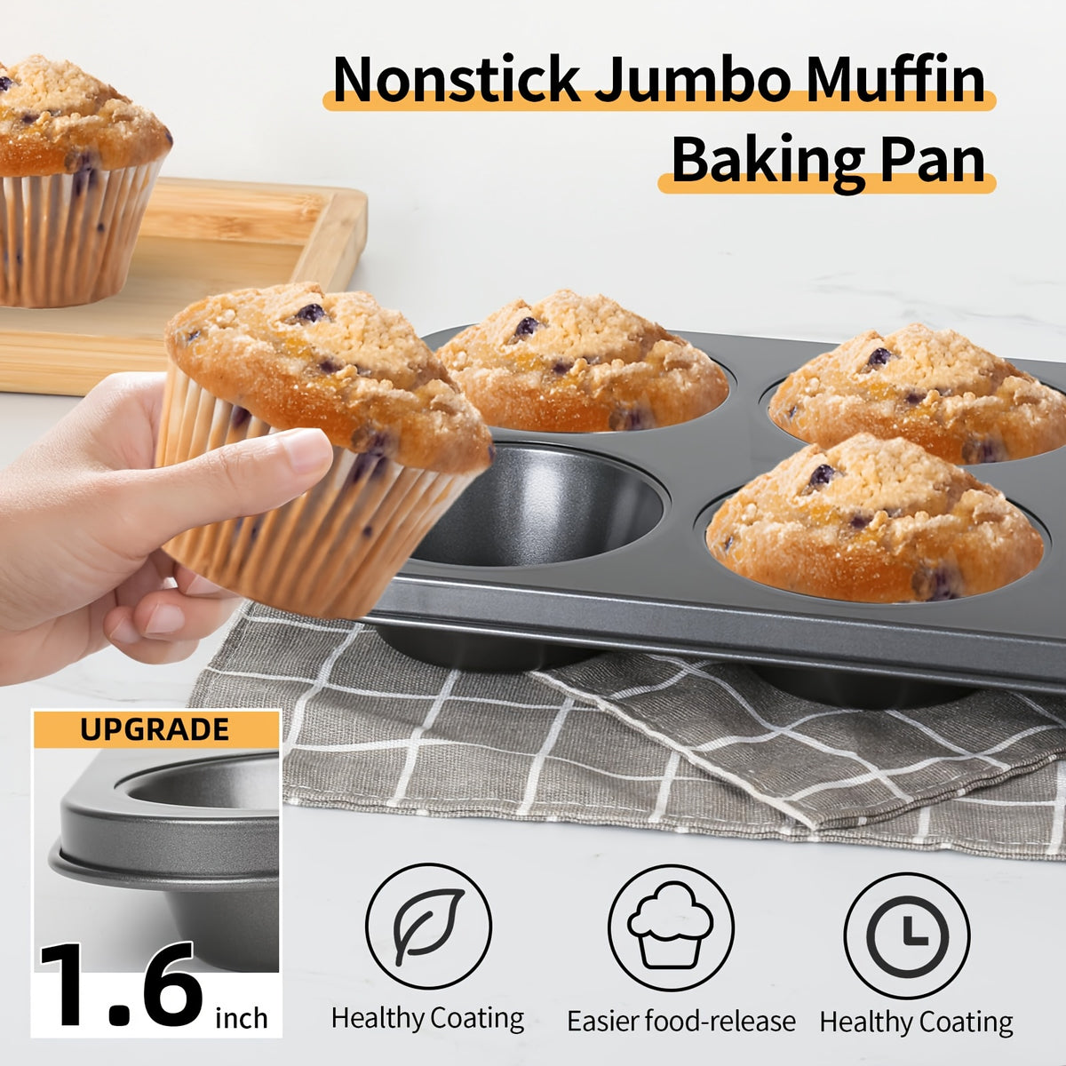 1pc Jumbo/Standard Muffin Pan 6-Cup Cupcake Baking Tray, Black Premium Large Muffin Pan, Non-Stick Thick Jumbo Cupcake Kitchen Accessory 6-Cavity Non-Stick Baking Dish, Suitable for Cupcakes, Cheesecakes, Mini Cakes Home Oven Cake Molds
