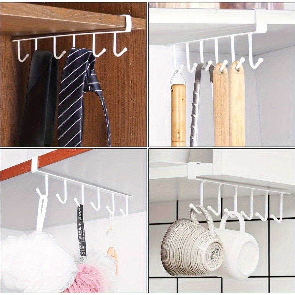 6 Metal Hook Under Cabinet Mug Holder 6-Hook - Iron Wall-Mounted Traceless Hook System - No Drill Adhesive/Screw Installation, Multi-Row Space-Saving Hanger, Wardrobe, Pantry - Holds Pots, Pans, Utensils, Spoons