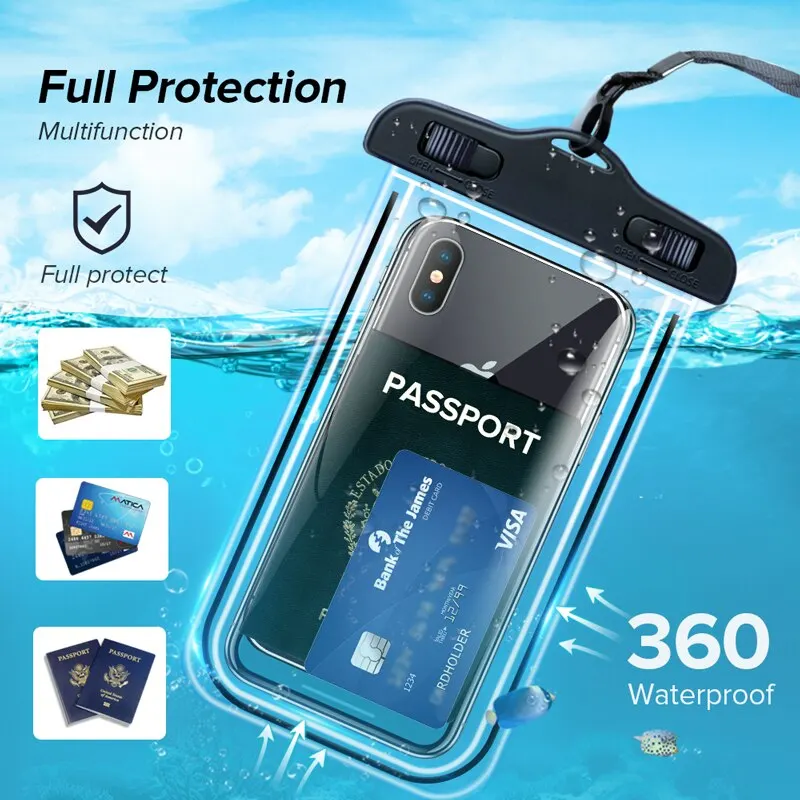 Waterproof Phone Pouch with a Strap, Made of Transparent Plastic. Designed for Activities Like Sports, Cycling, Beach Outings, Cruises, Water Parks, Surfing, Diving, And Travel